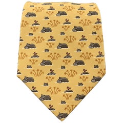 HERMES Yellow Hippo Print Silk Tie 5271 SA