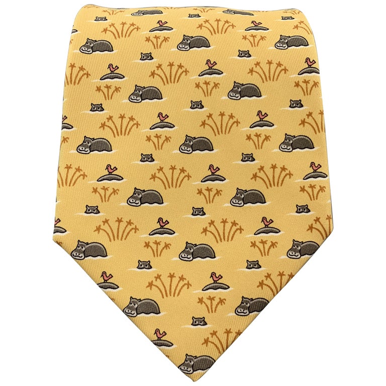 HERMES Yellow Hippo Print Silk Tie 5271 SA at 1stDibs hermes hippo tie, yellow hippo brand, hermes lucky tie HERMES NECKTIE PRINT YELLOW