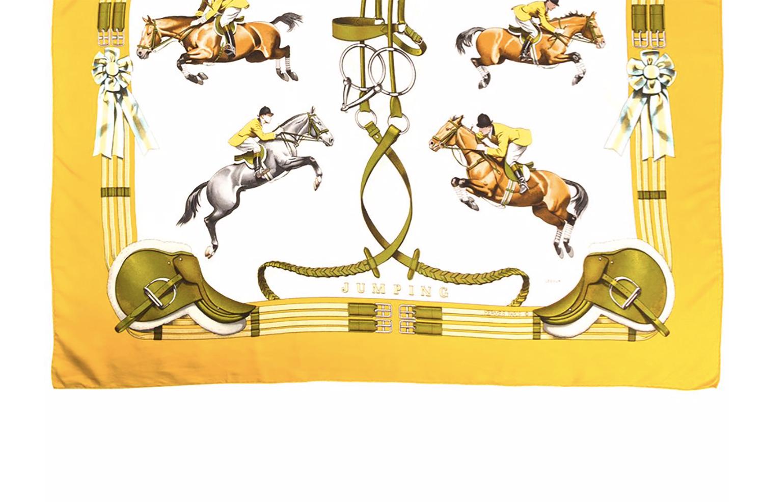 Hermes Yellow Jumping by Philippe Ledoux Silk Scarf In Excellent Condition In Paris, FR