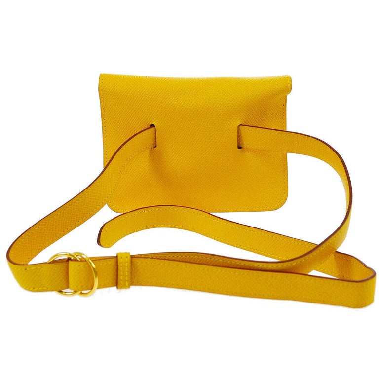 Hermes Yellow Leather Gold Fold Over Fanny Pack Flap Bum Waist Belt Bag