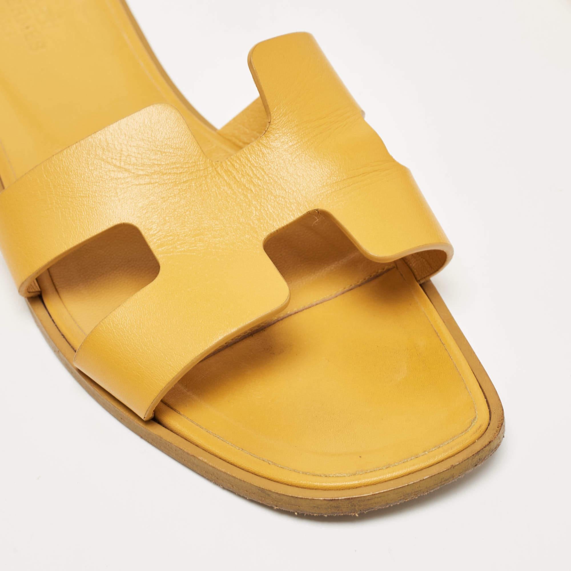 Hermes Yellow Leather Oran Flat Slides Size 38 2