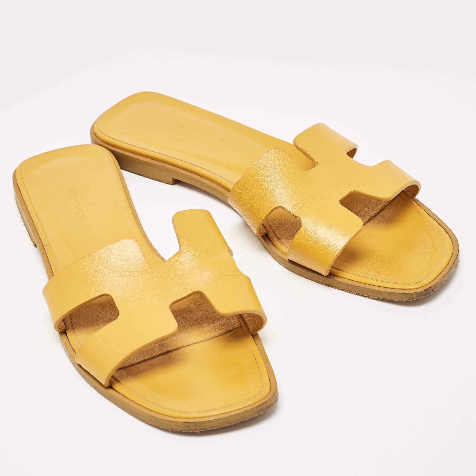 Hermes Yellow Leather Oran Flat Slides Size 38 3