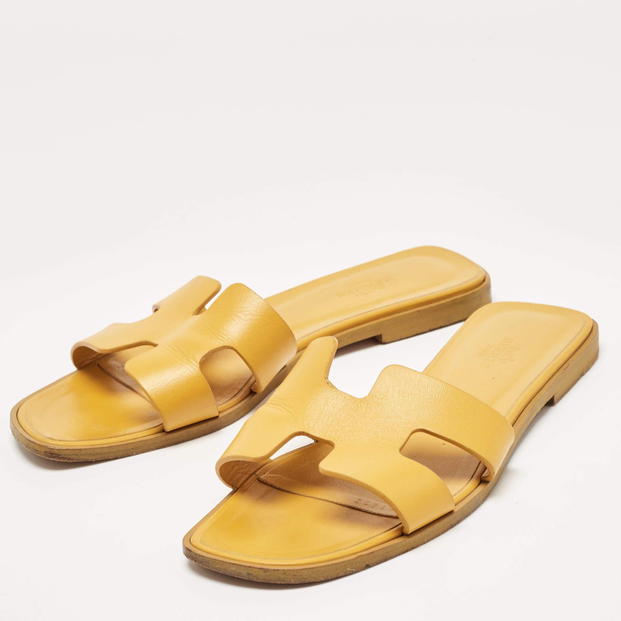 Hermes Yellow Leather Oran Flat Slides Size 38 4