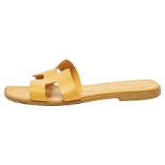 Used Hermes Yellow Leather Oran Flat Slides Size 38