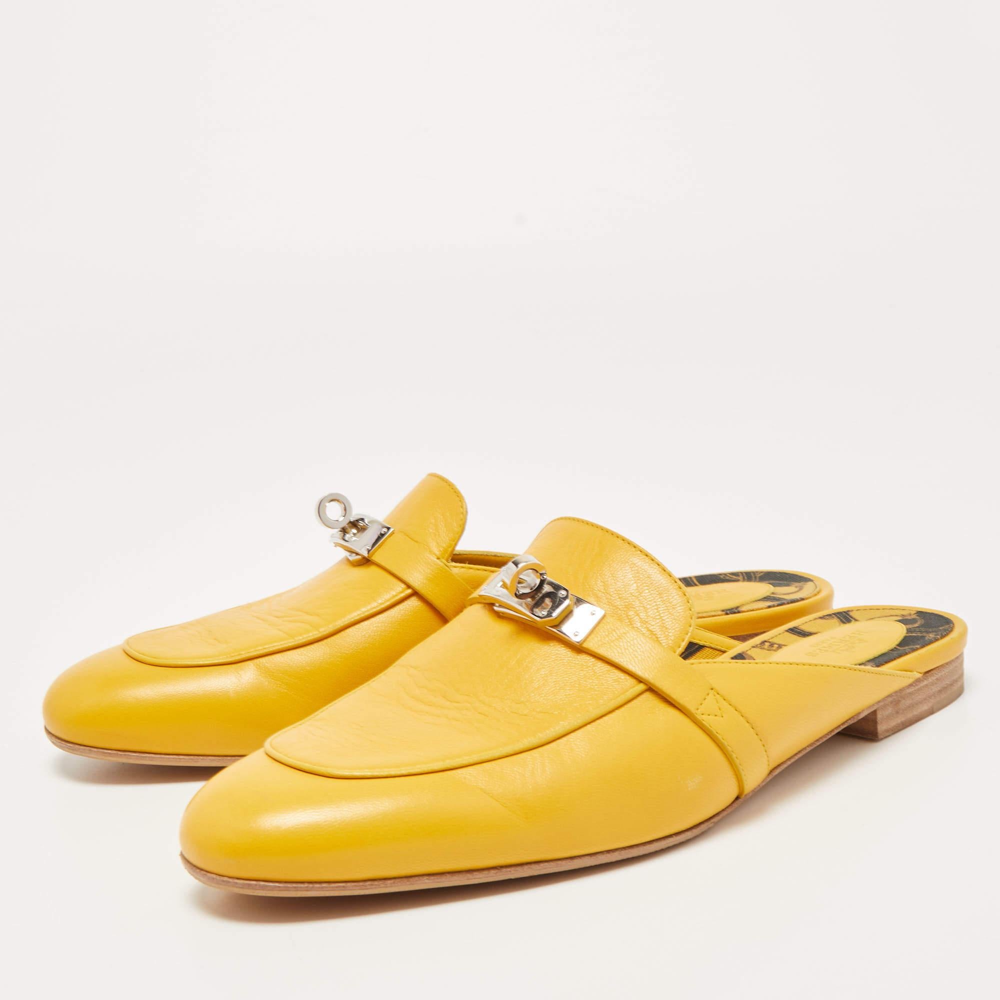 Women's Hermes Yellow Leather Oz Flat Mules Size 41