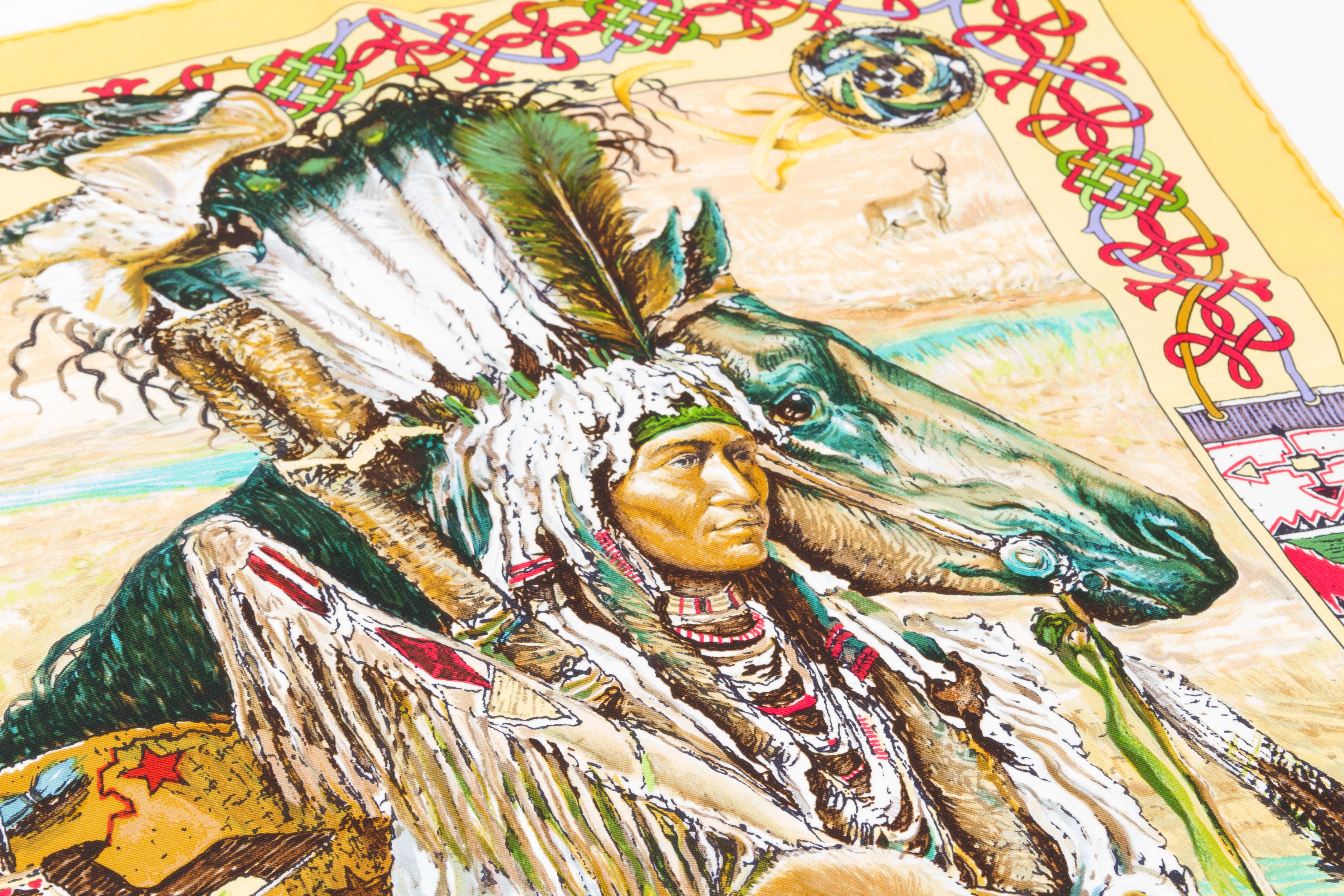 Beige Hermes Yellow Les Cheyennes Scarf, Box
