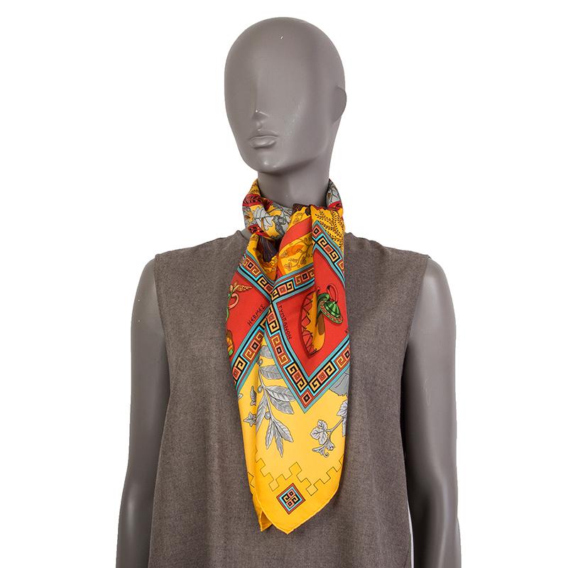 Hermes yellow MUSIQUE DES DIEUX 90 silk twill Scarf In Excellent Condition In Zürich, CH