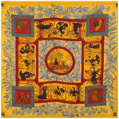 Hermes yellow MUSIQUE DES DIEUX 90 silk twill Scarf