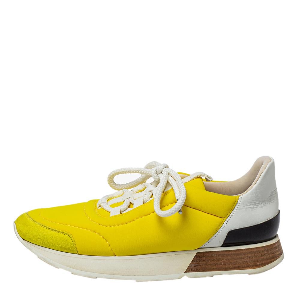 Gelbe Nylon- und Wildleder Miles Low Top Turnschuhe von Hermès Größe 38 1