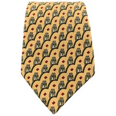 HERMES Yellow Owl Print Silk Tie