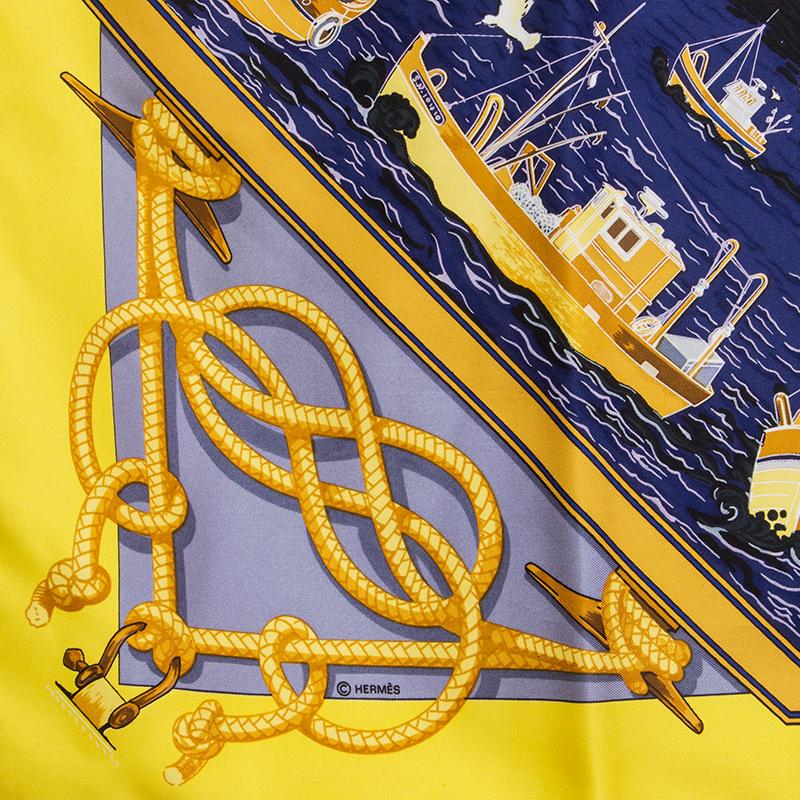 Hermes 'Retour de Peche 90' scarf by Francoise de la Perriere in bright purple with bright yellow border and details in gold and black. Has been worn and is in excellent condition.

Width 90cm (35.1in)
Height 90cm (35.1in)