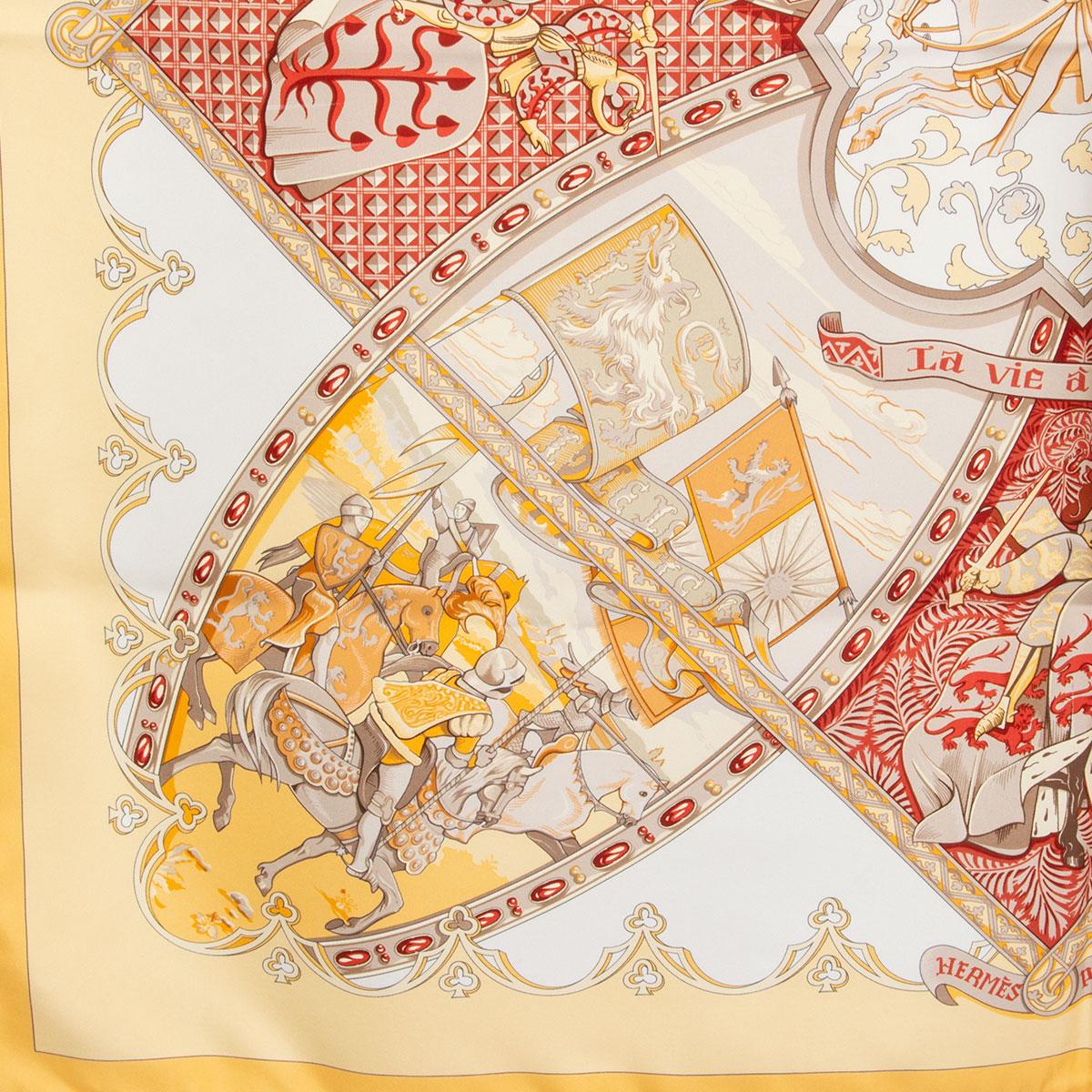 Beige Hermes yellow & red LA VIE A CHEVAL 90 silk twill Scarf For Sale