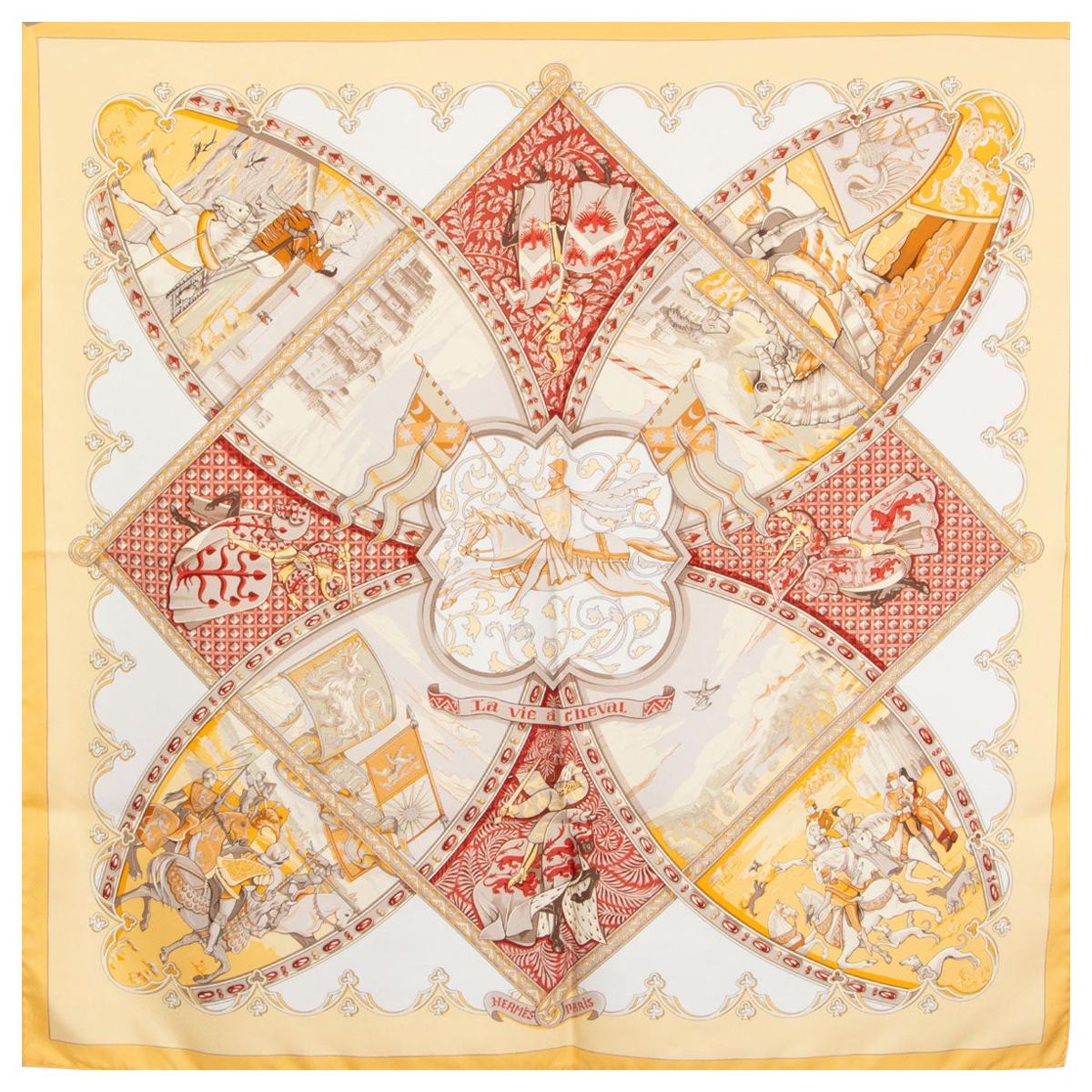 Hermes yellow & red LA VIE A CHEVAL 90 silk twill Scarf For Sale