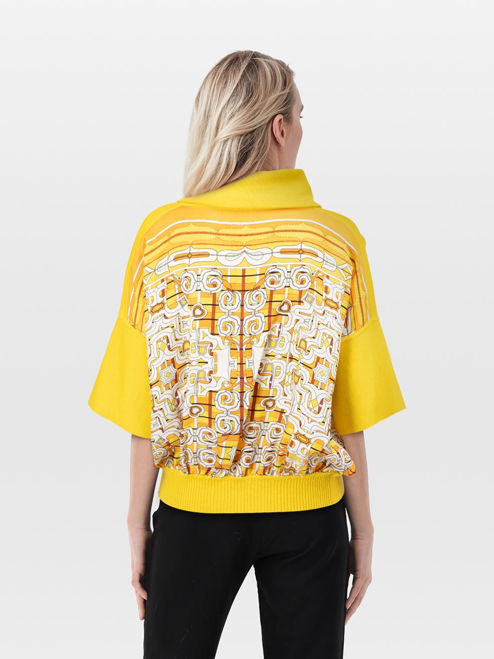CONDITION is Very Good. Hardly any visible wear to the top is evident on this used Hermès designer resale item.
 
 
 
 Details
 
 
 Yellow
 
 Silk and alpaca
 
 Top
 
 Abstract print silk
 
 Alpaca knit panels
 
 Roll neck
 
 Leather tassel zip