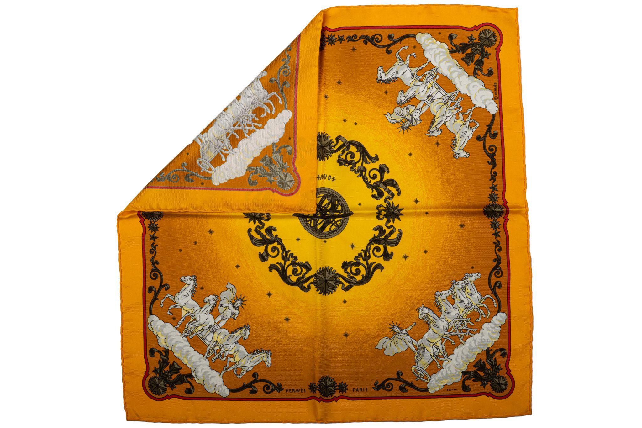 Hermes yellow silk Cosmos print scarf designed by Philippe Ledoux. Hand-rolled edges. Excellent condition.