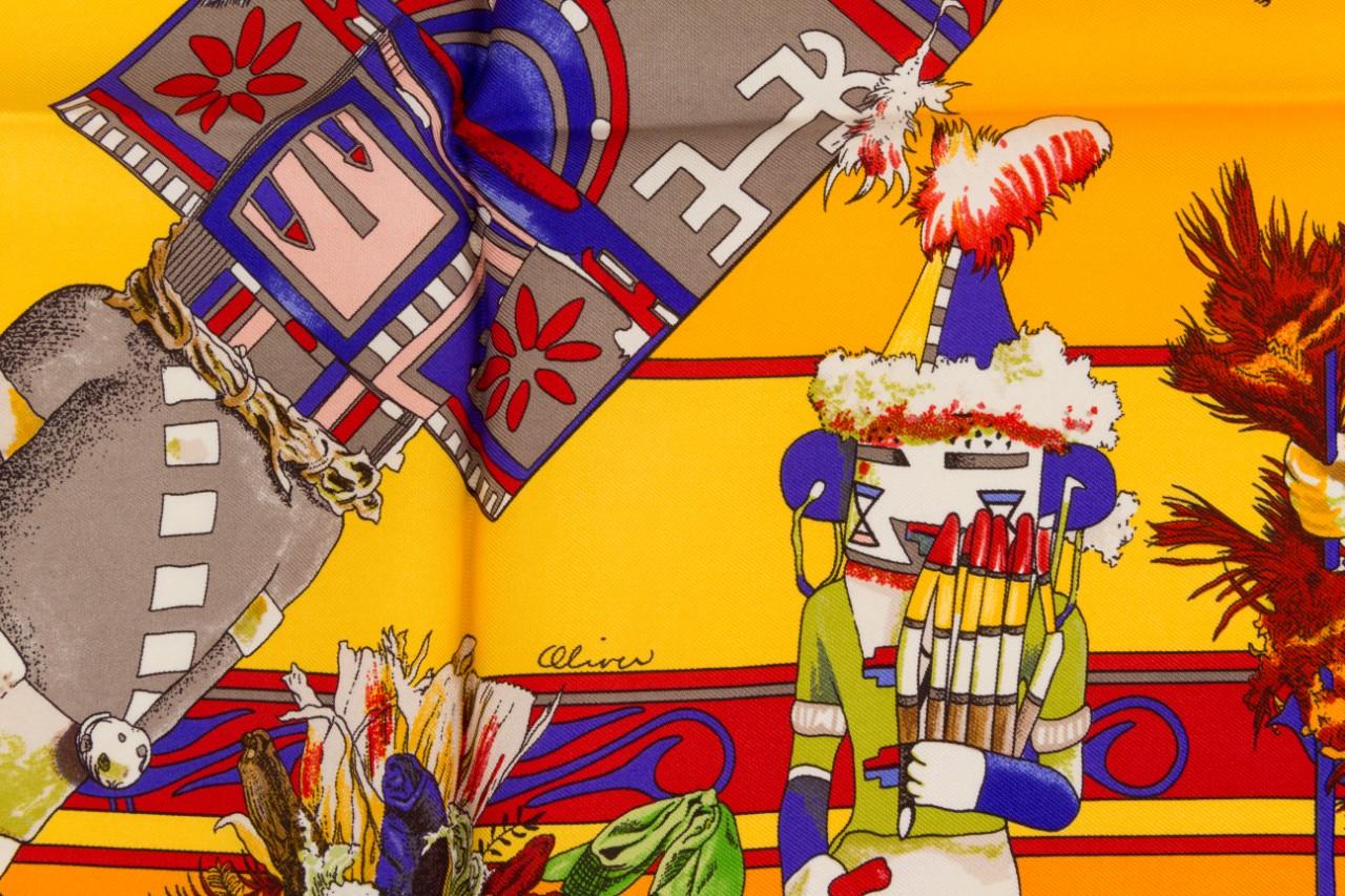 Hermès Yellow Silk Kachinas Scarf By Kermit Oliver In Excellent Condition In West Hollywood, CA