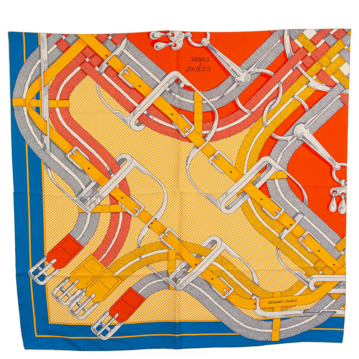 100% authentic Hermes 'Mors a Jouets Chemise Detail 90' scarf by Henri d'Origny in cobalt blue silk twill (100%) with details in orange, red, grey and yellow. Brand new.

Measurements
Width	90cm (35.1in)
Height	90cm (35.1in)
Henri d’Origny’s design