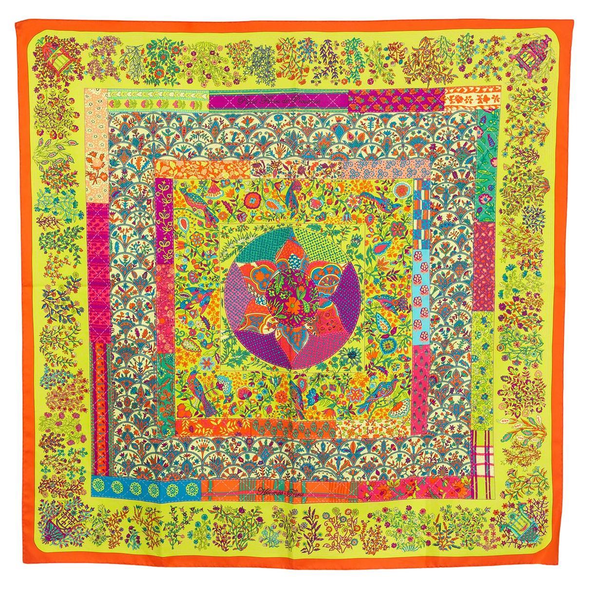 HERMES yellow silk PIQUE FLEURI DE PROVENCE 90 Twill Scarf Orange Pistache Violi