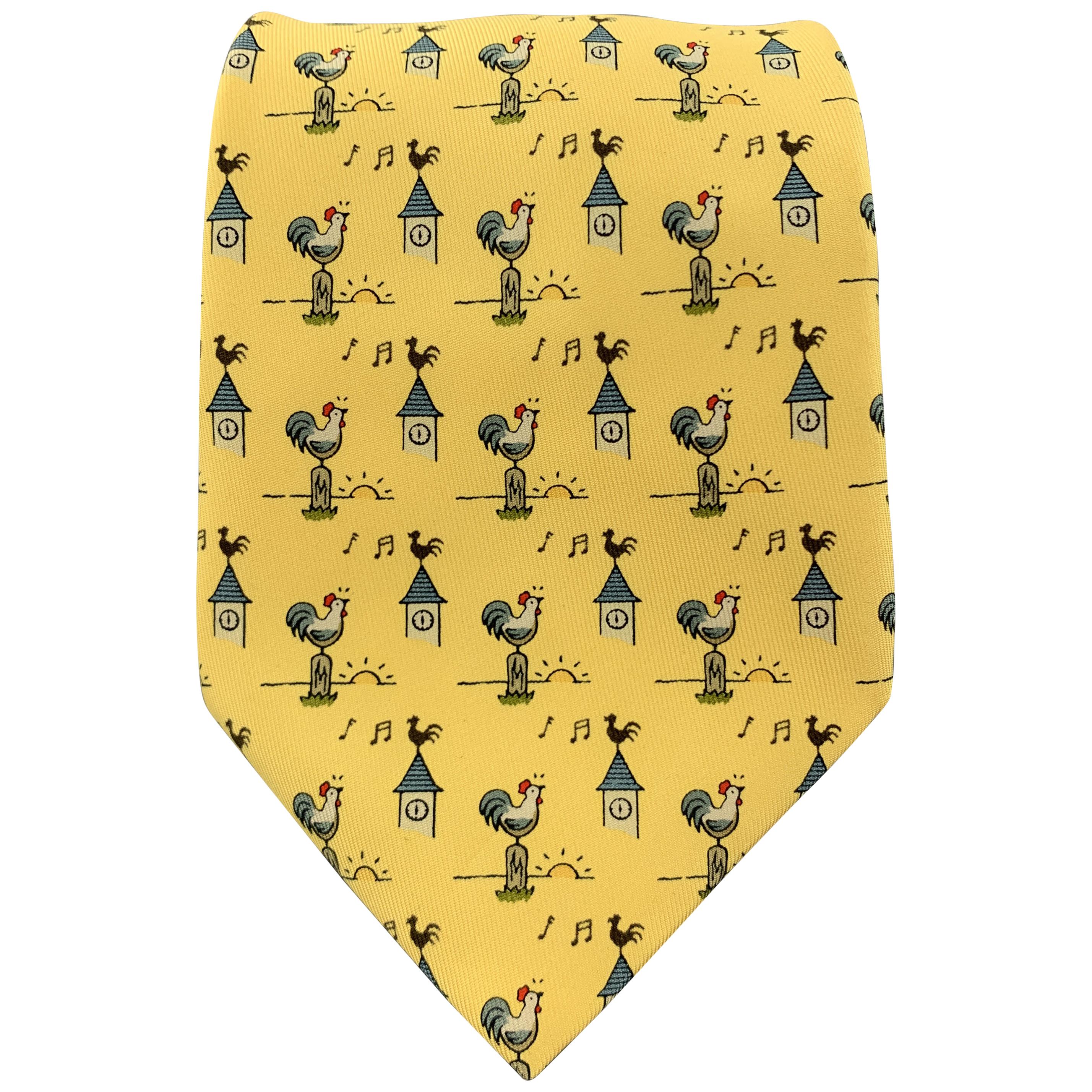 HERMES Yellow Silk Rinrise Roosters Print Tie