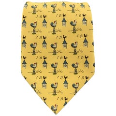 Vintage HERMES Yellow Silk Rinrise Roosters Print Tie