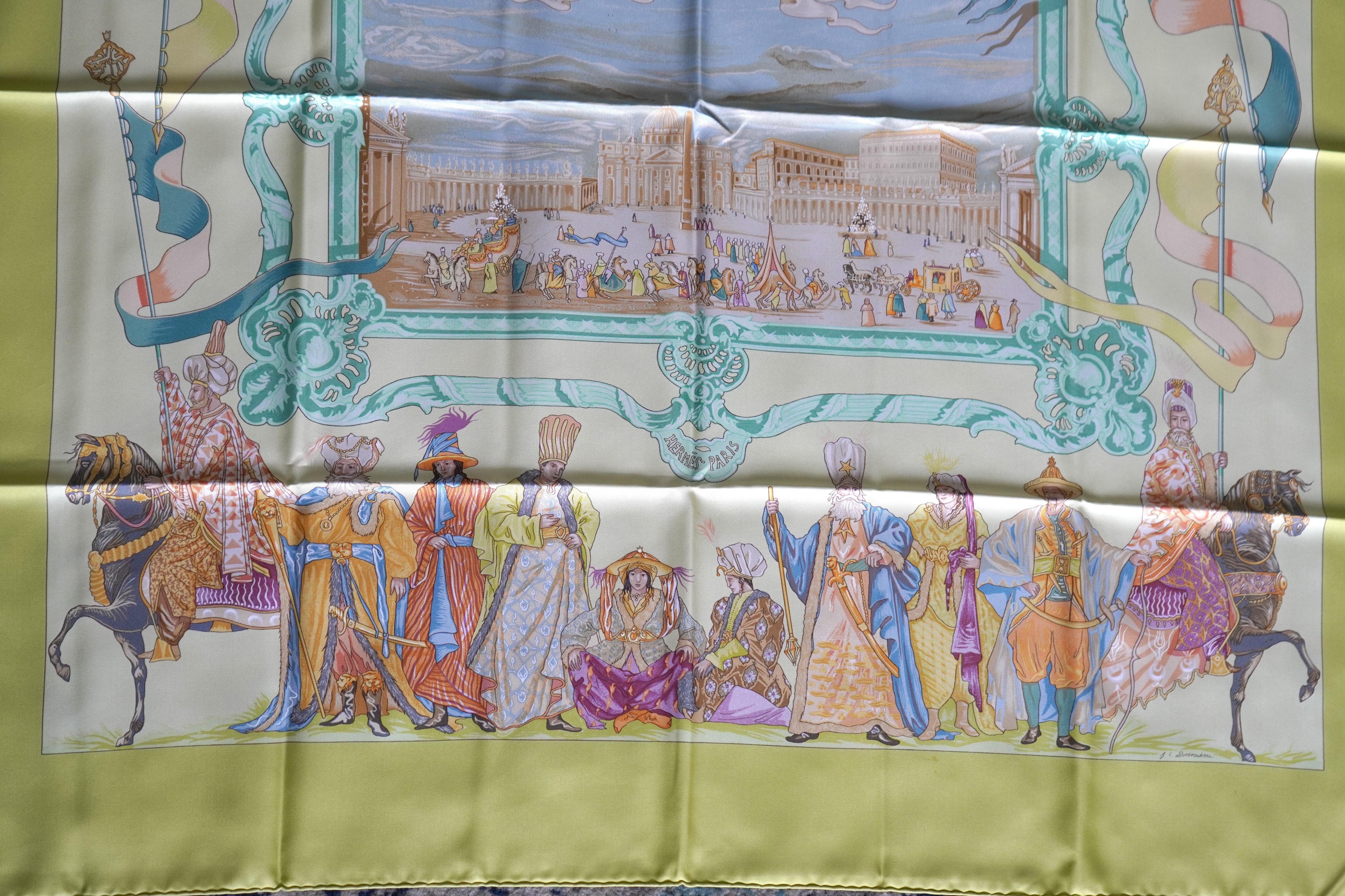 Hermes Yellow Silk scarf by Jean-Christophe Donnadieu For Sale 3