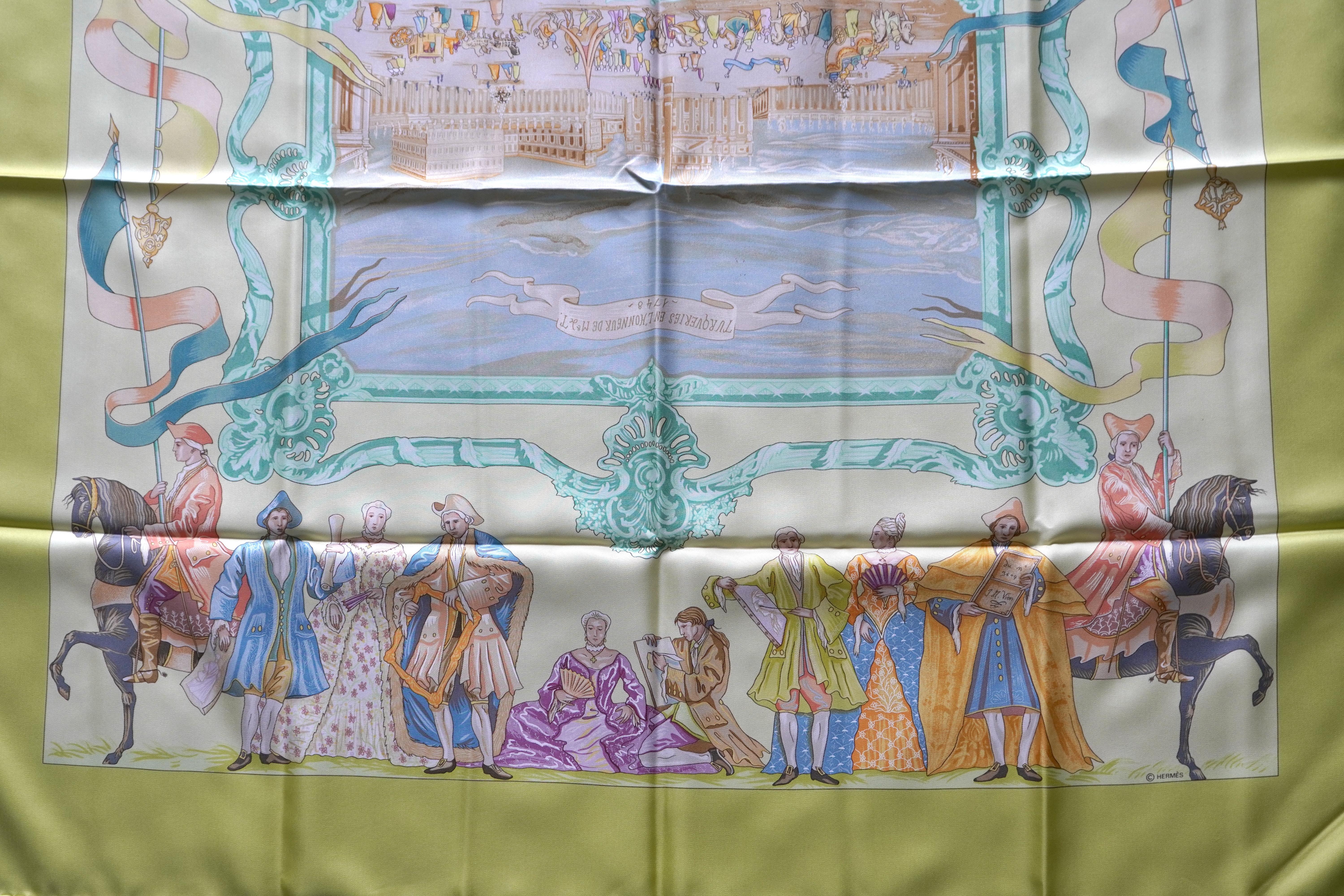 Hermes Yellow Silk scarf by Jean-Christophe Donnadieu For Sale 4