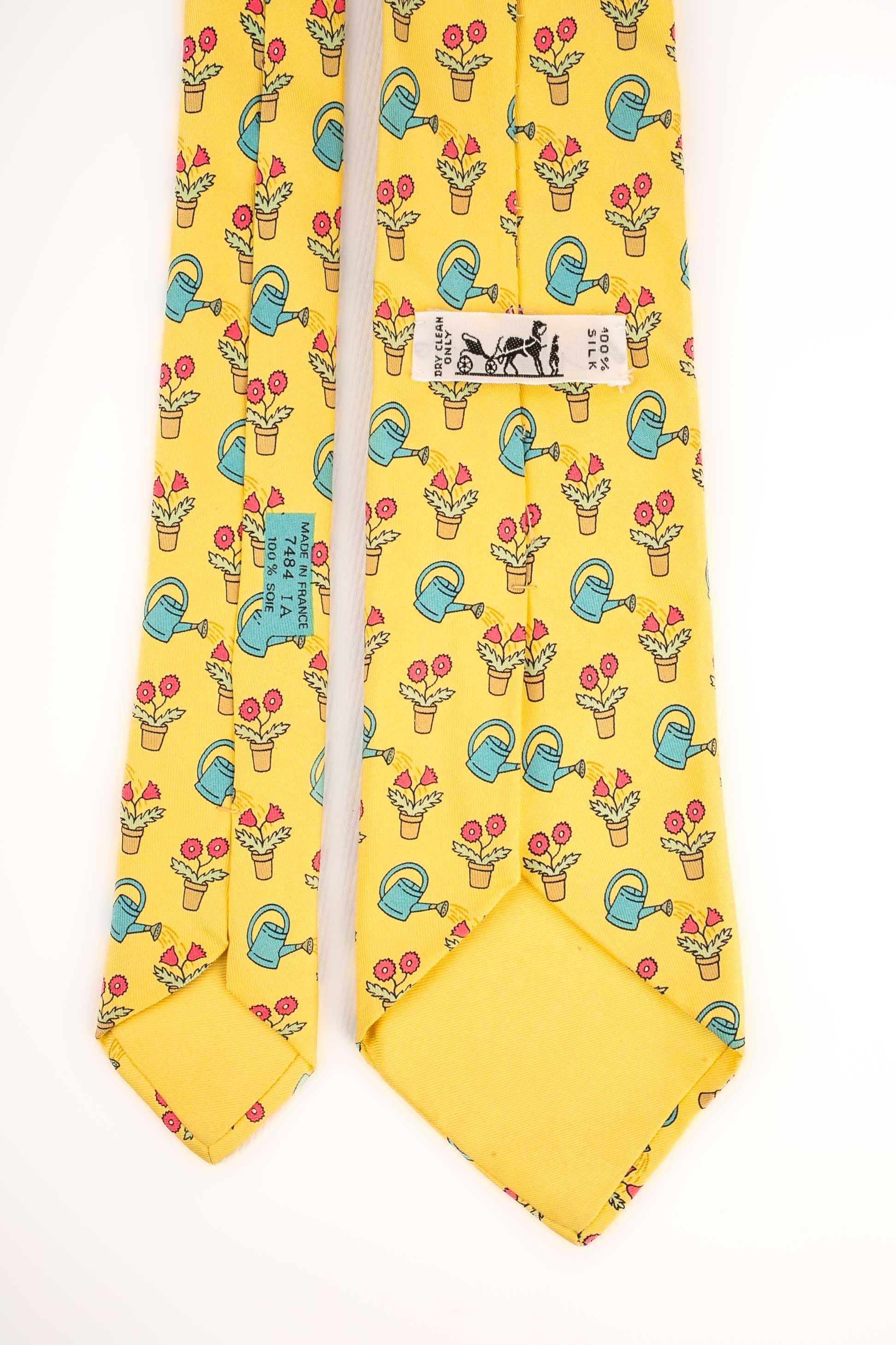 Men's Hermès Yellow Silk Tie Illustrated with Flowers and Watering Cans For Sale