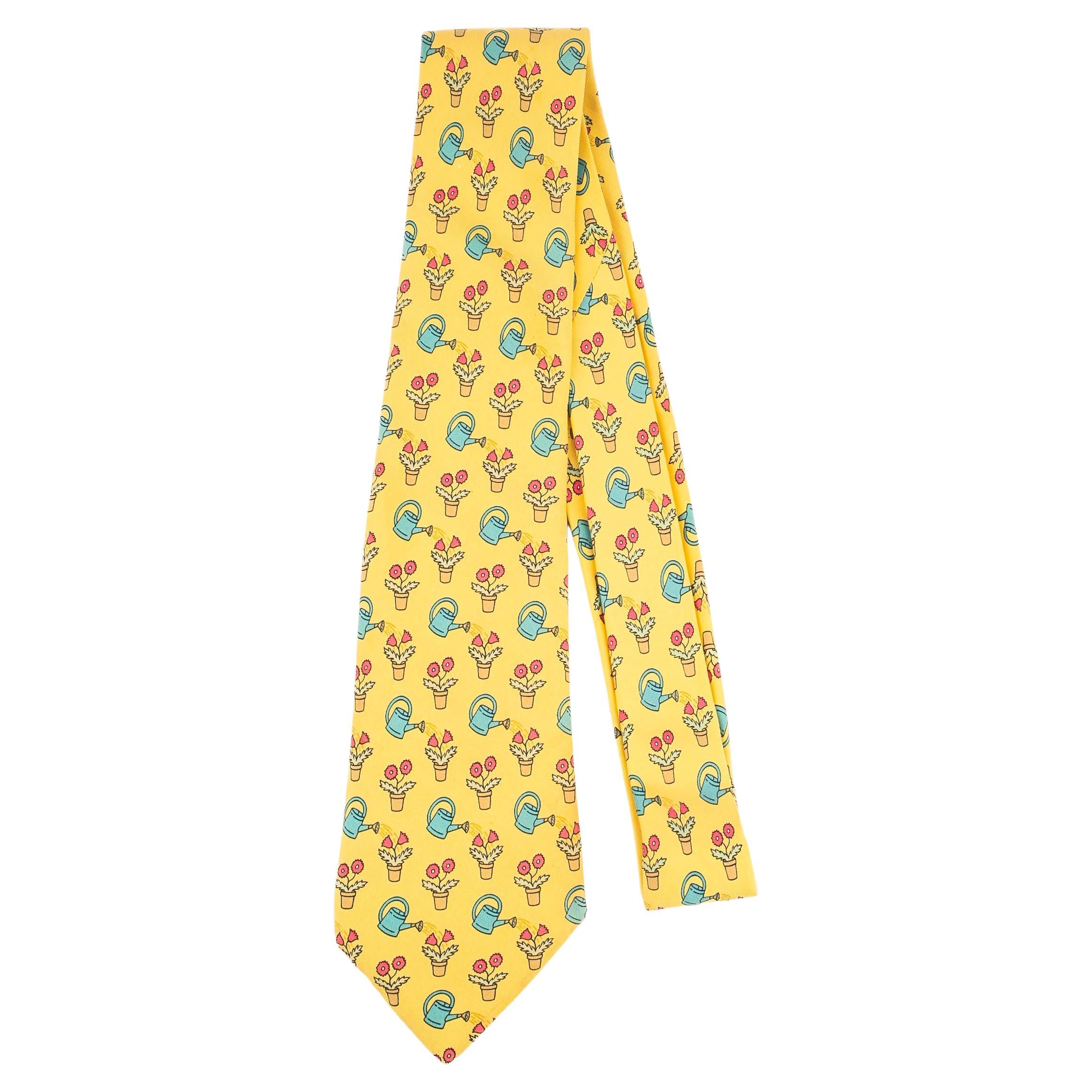 Hermès Yellow Silk Tie Illustrated with Flowers and Watering Cans For Sale