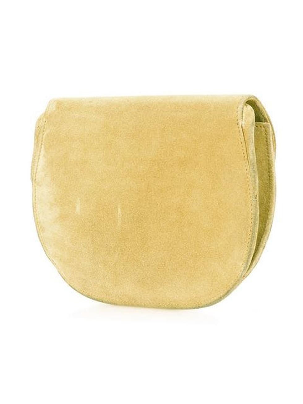  Hermès yellow suede mini shoulder saddle bag featuring a round body, a shoulder strap, a foldover top with snap closure, a main internal compartment, an internal patch pocket and gold-tone hardware.
 Marked Hermès Paris Made in France
In good