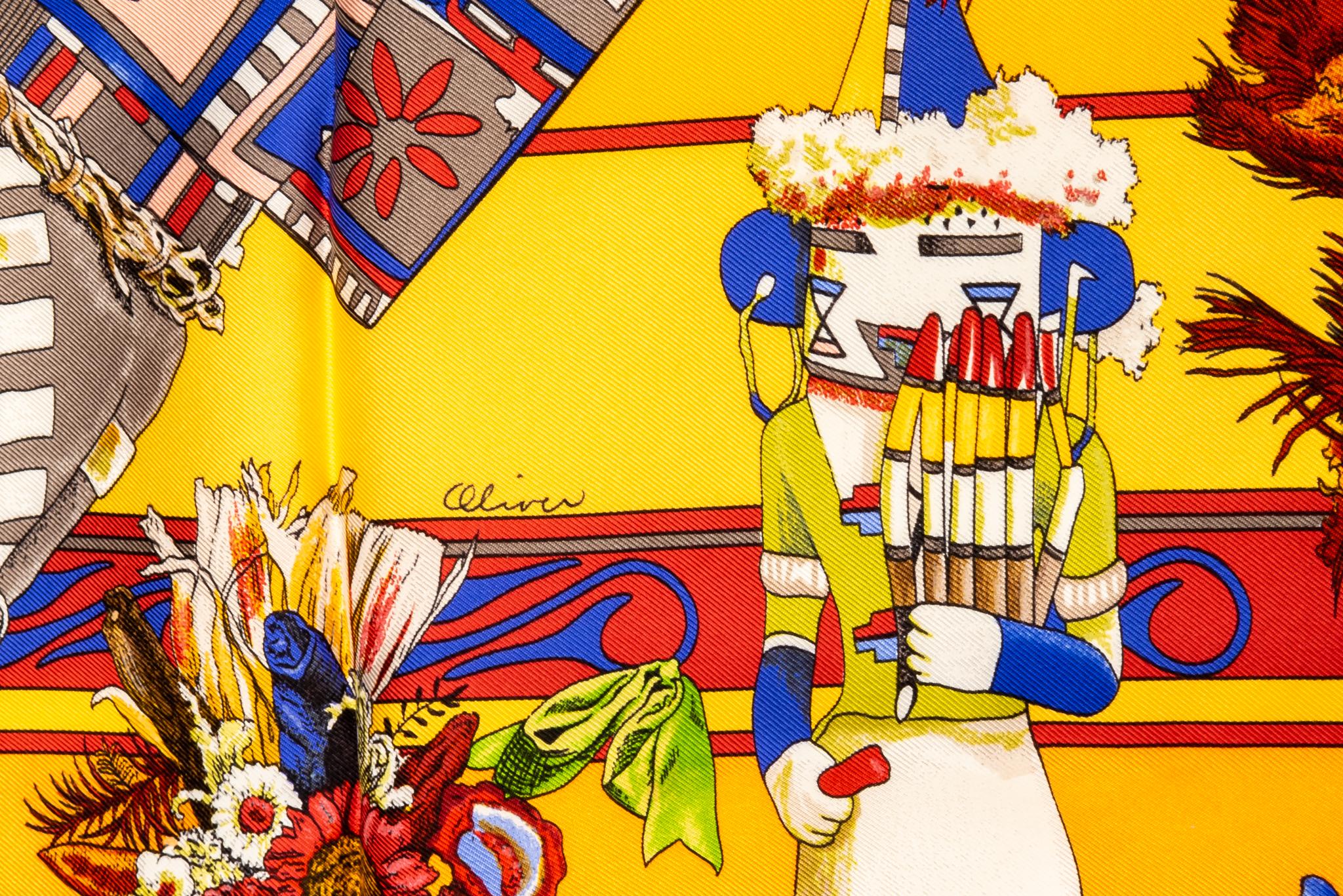Hermès Yellow Kachinas Scarf Kermit Oliver In Excellent Condition In West Hollywood, CA
