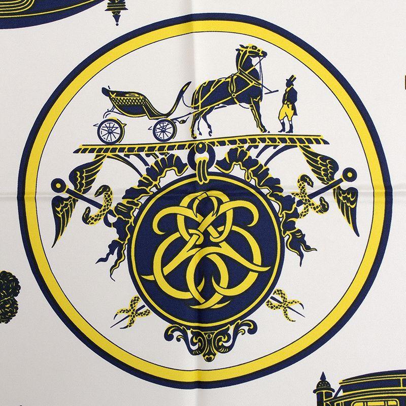 Hermes 'Ex Libris' in bright yellow silk twill (100%) with details in white and dark blue. Has been worn and is in virtually new condition.

Width 90cm (35.1in)
Height 90cm (35.1in)