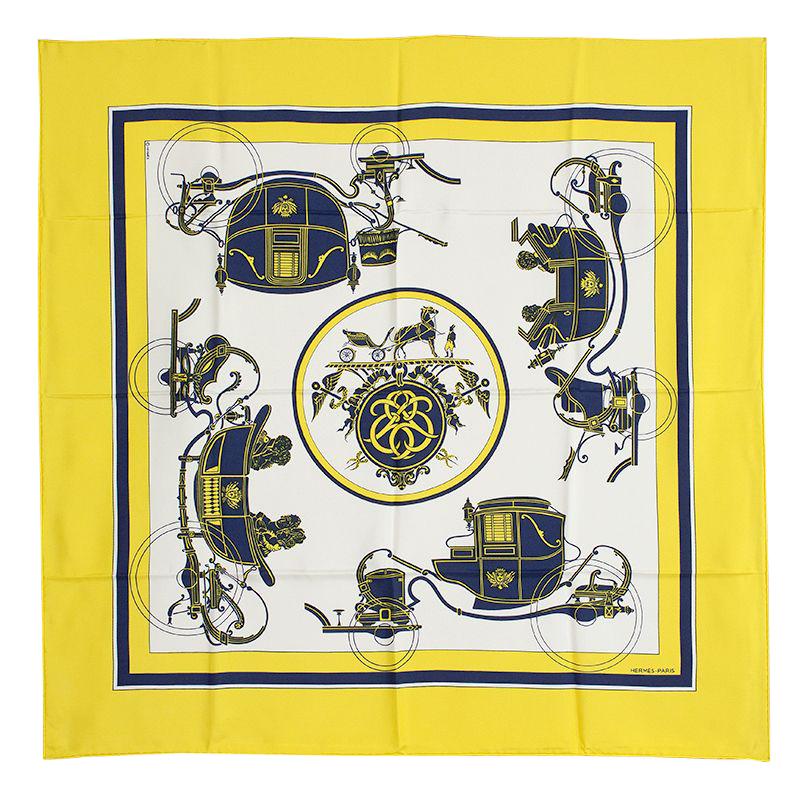Hermes yellow white EX-LIBRIS 90 silk twill Scarf For Sale