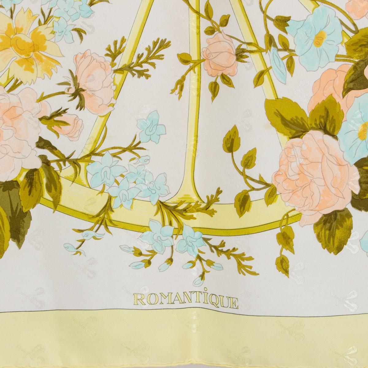 Beige Sciarpa Hermes ROMANTIQUE 90 in twill di seta giallo e bianco
