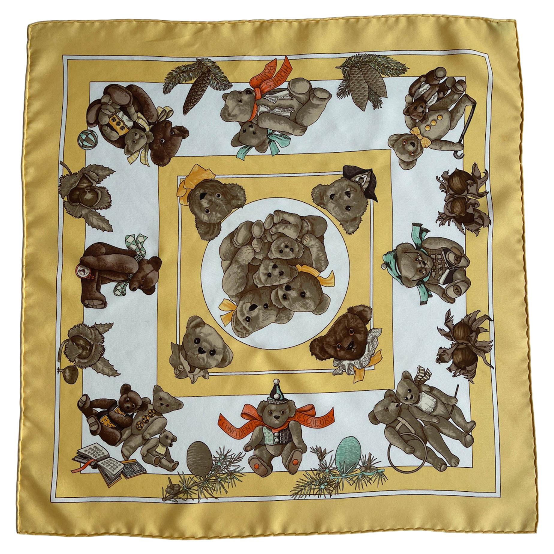 Hermes Yellow/White Silk Confidents Des Coeurs 45cm Pocket Square Scarf