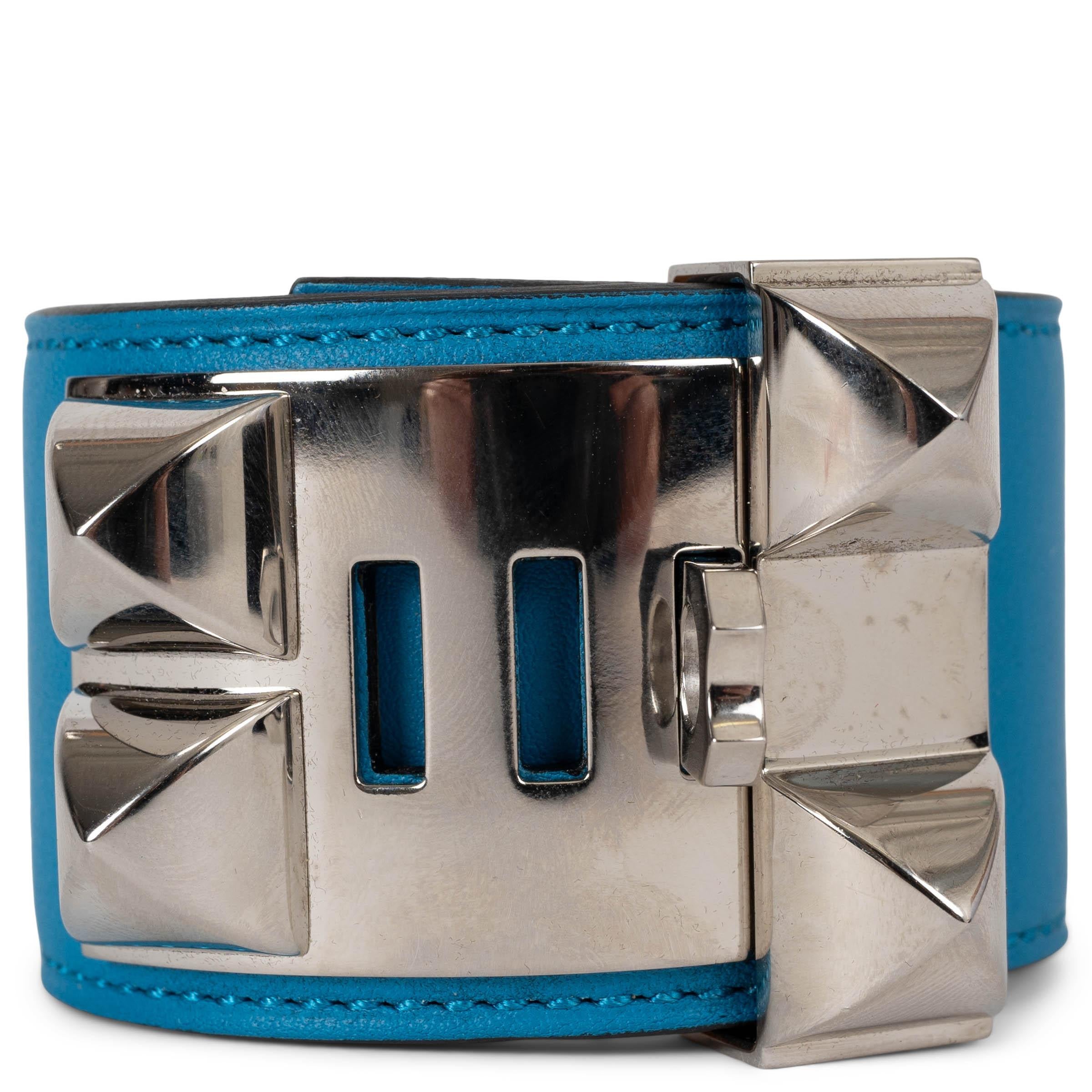 Women's HERMES Zanisbar blue Swift leather COLLIER DE CHIEN Cuff Bracelet T2