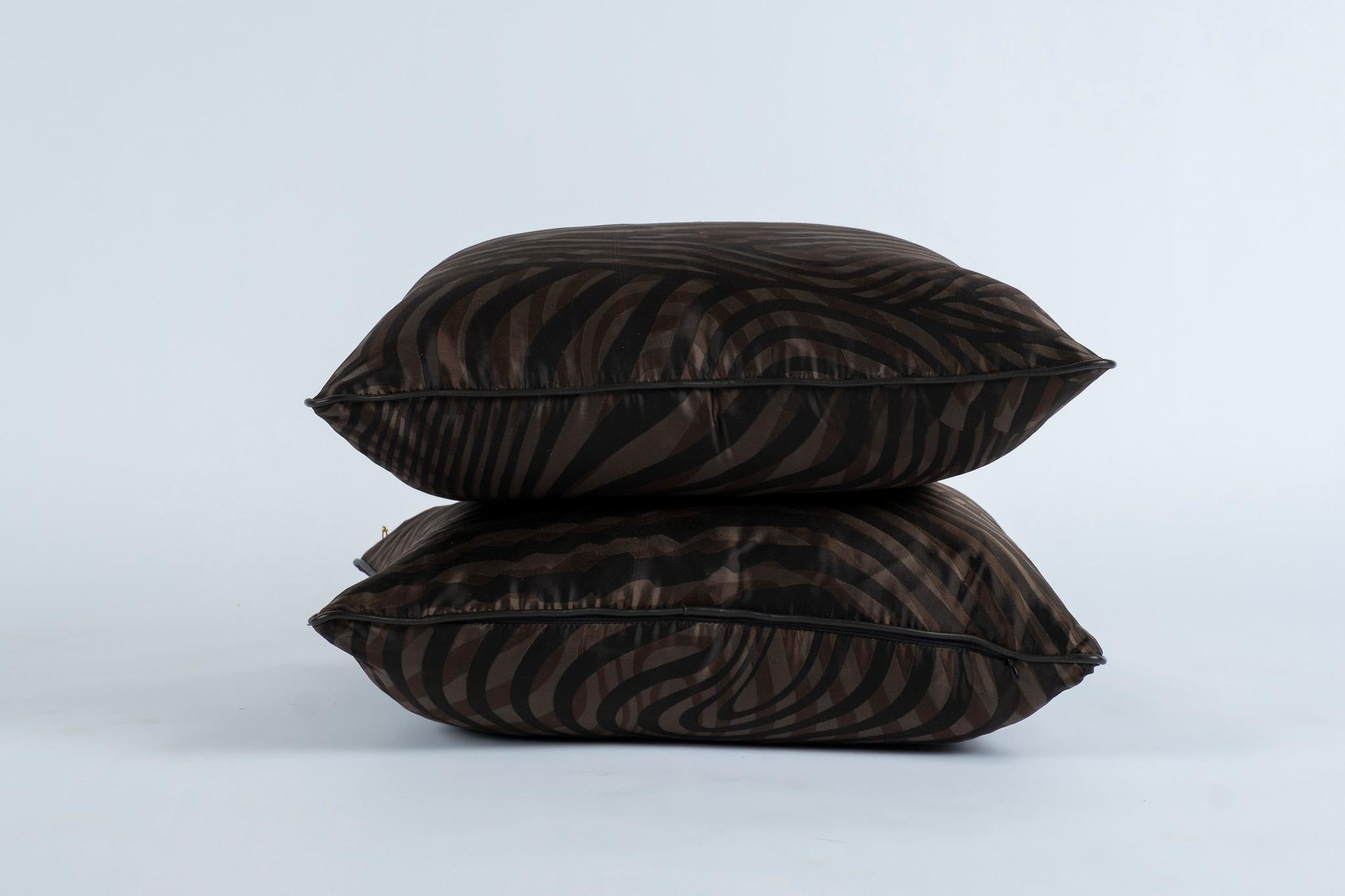 Modern Hermès Zebra Silk Pillow with Espresso Leather Trim