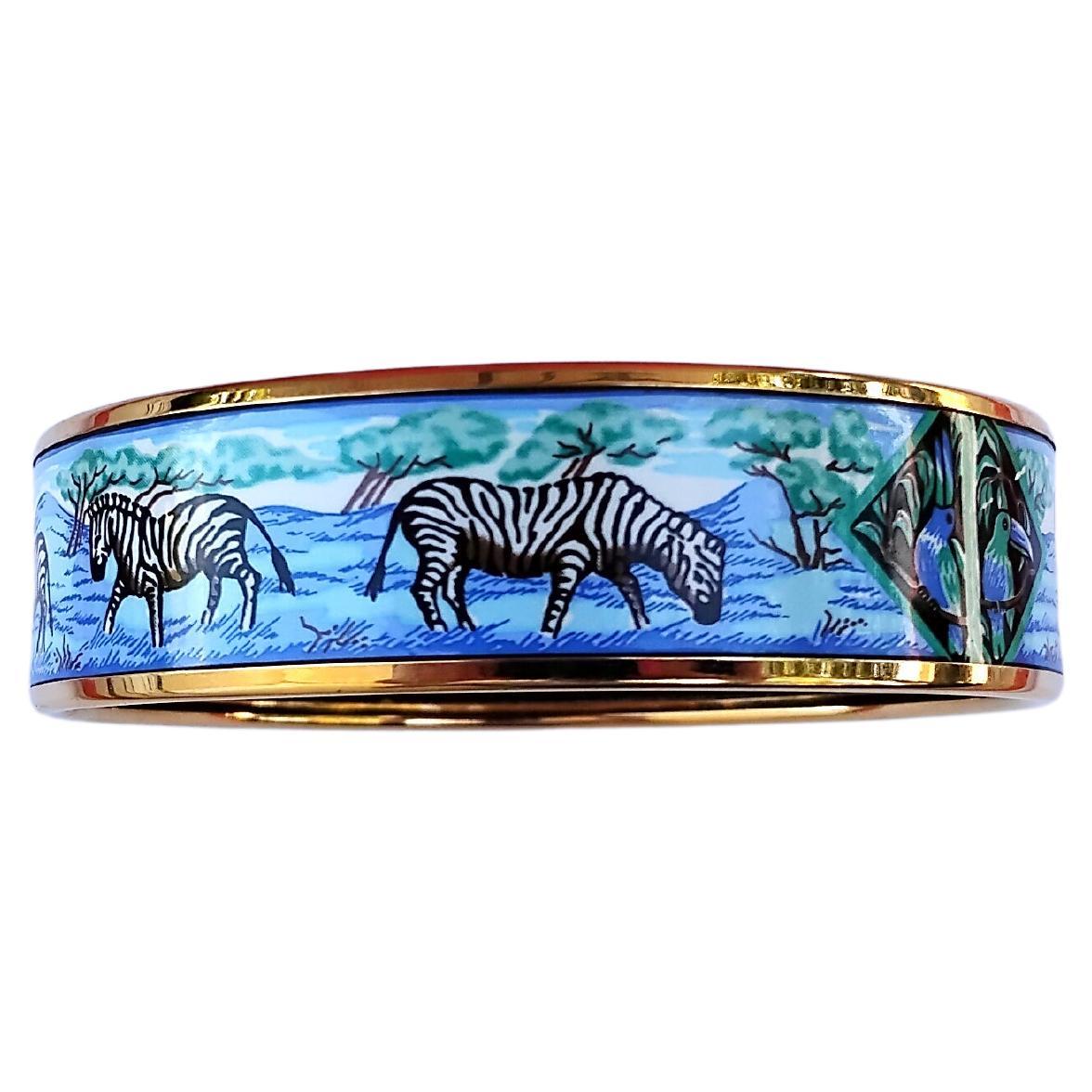 Hermès Zebras Enamel Bracelet Africa Yellow Gold Hdw S. GM 70 For Sale