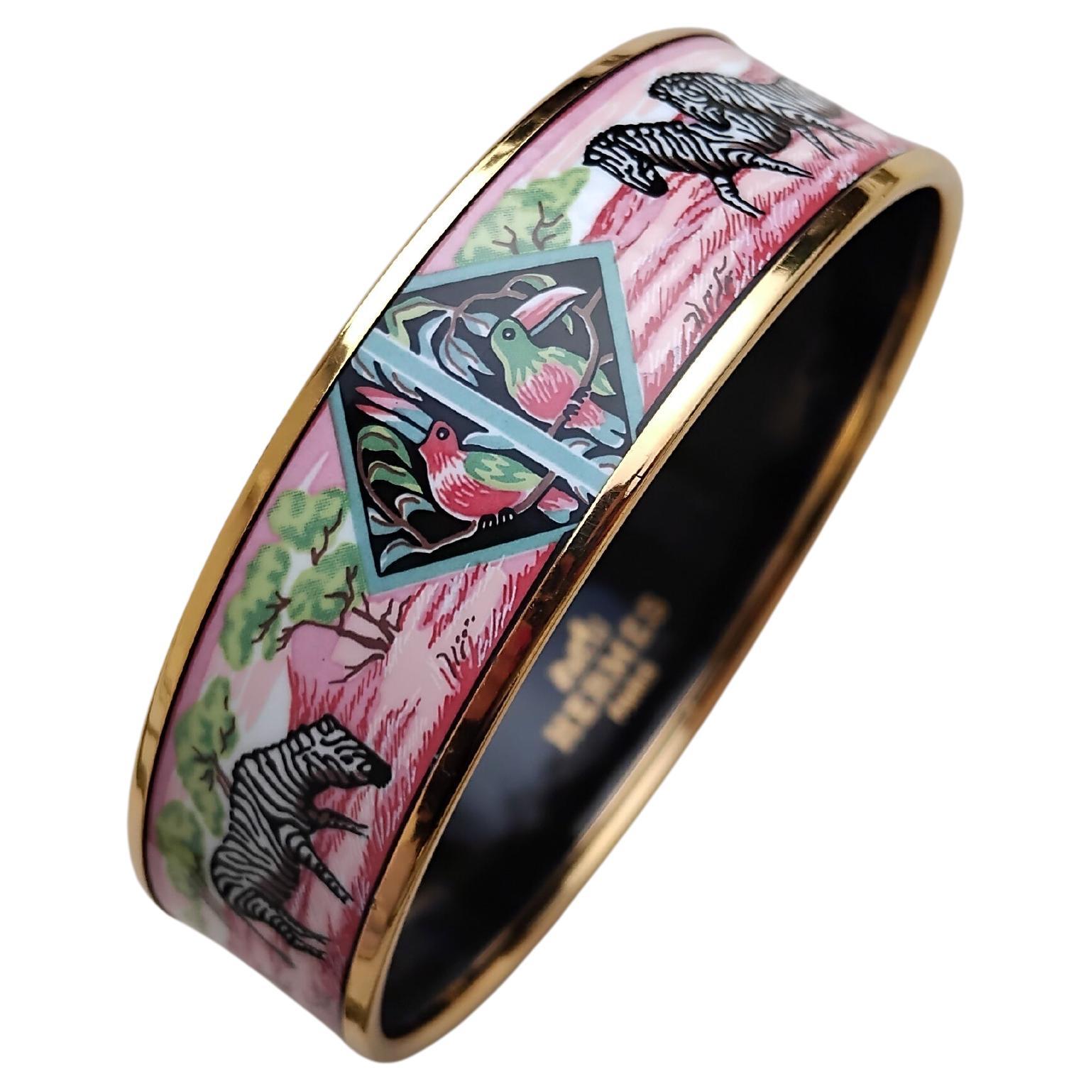 Hermès Zebras Toucans Tropiques Gold Hdw Enamel Bracelet Pink Size 70 For Sale 1
