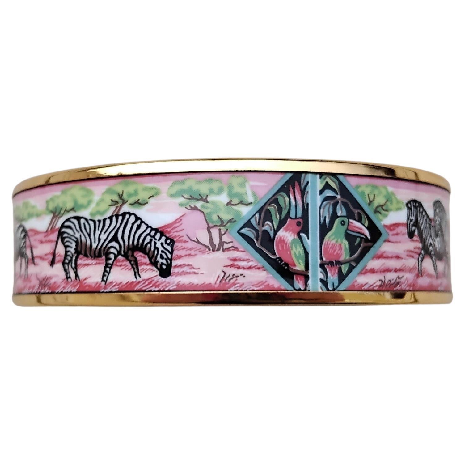 Hermès Zebras Toucans Tropiques Gold Hdw Enamel Bracelet Pink Size 70 For Sale 4