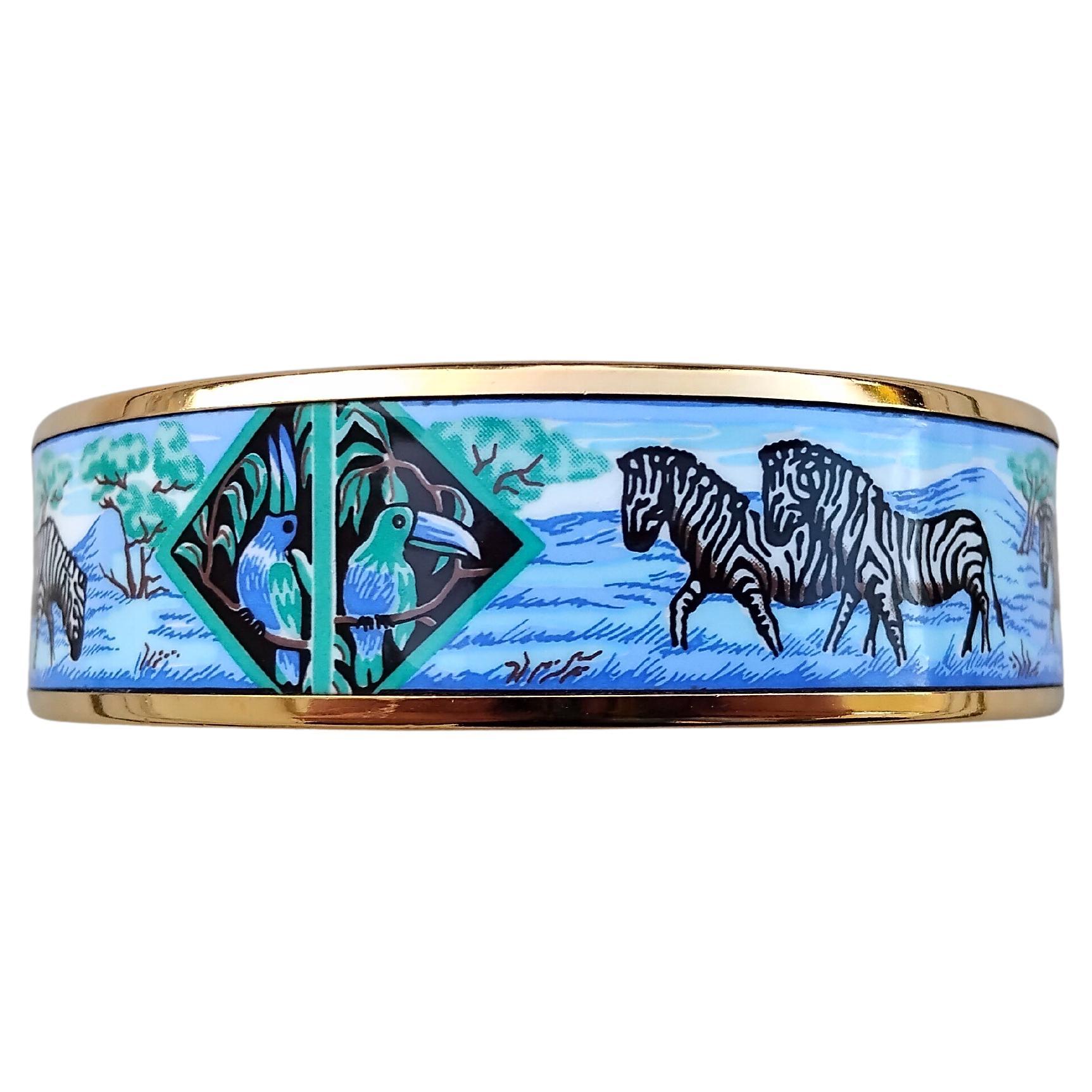 Hermès Zebras Tropiques Print Oro Hdw Esmalte Pulsera Talla 65 en venta 2