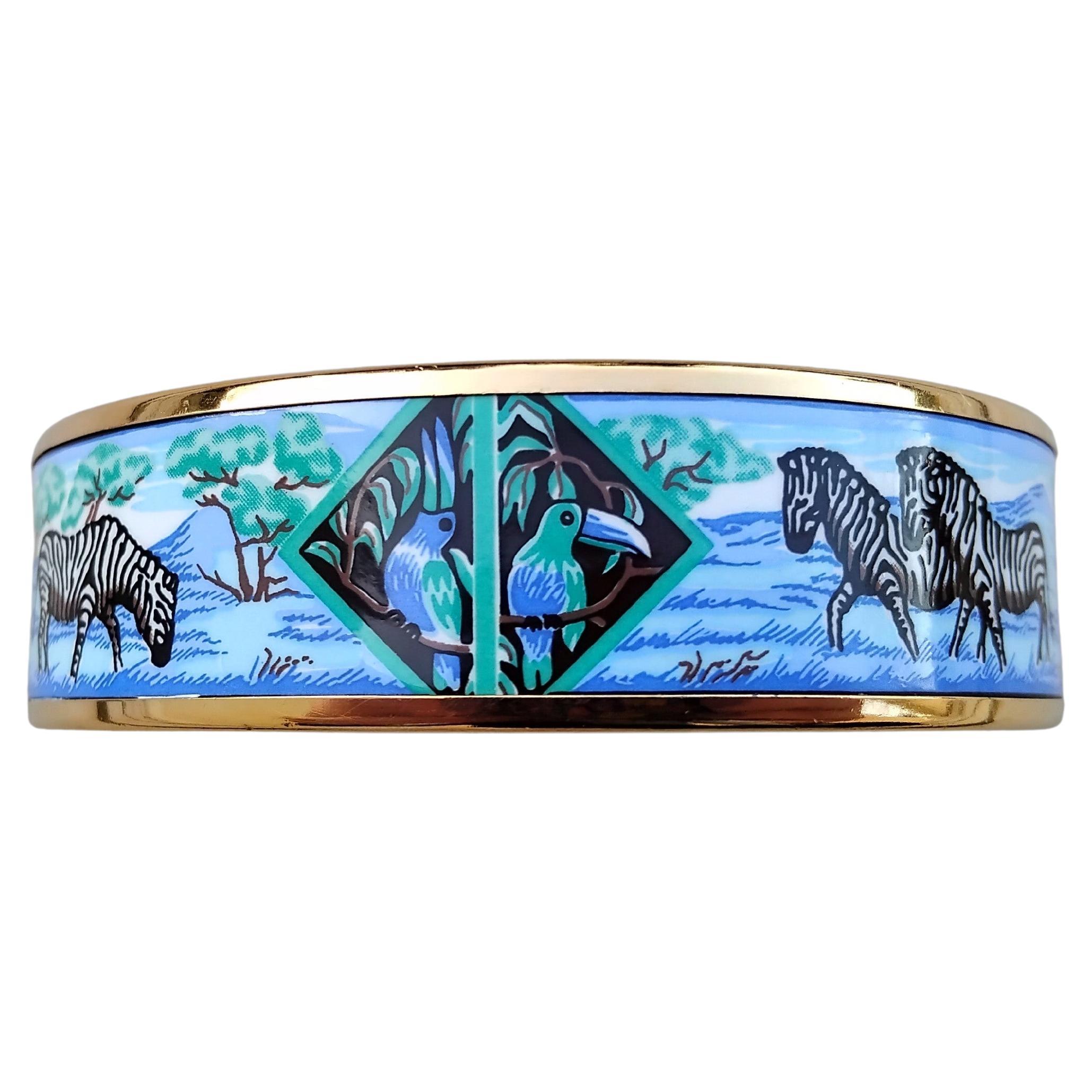 Hermès Zebras Tropiques Print Oro Hdw Esmalte Pulsera Talla 65 en venta 5