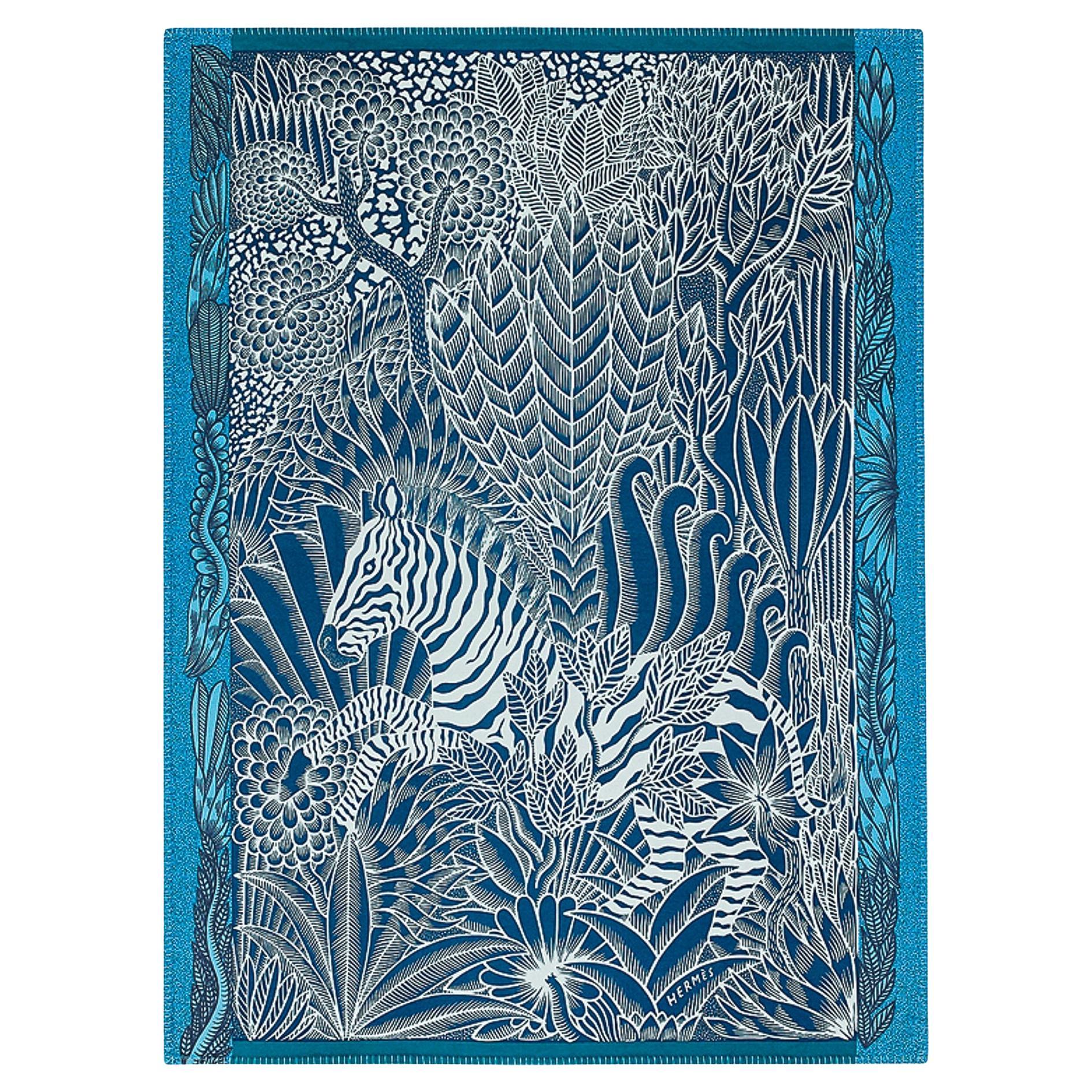 Couverture en cachemire Zebre Camoufle Sapin / Turquoise Hermès en vente