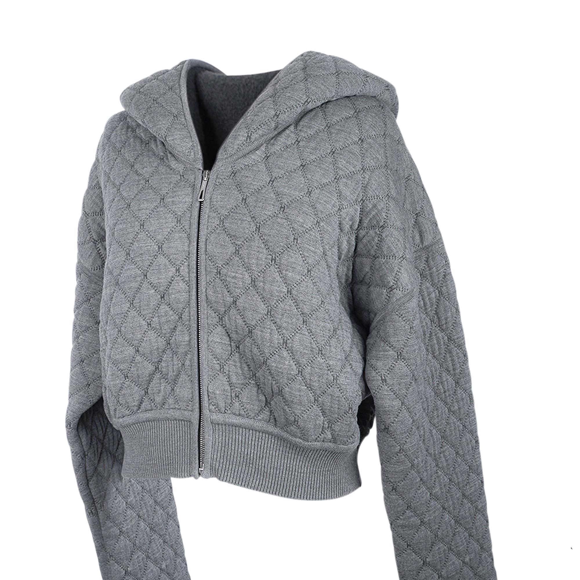 Gray Hermes Zip Cardigan Quilted Hoodie Jacket Grey 40 / 6 For Sale