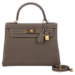 Hermes Kelly Casaque bag 28 Sellier Etoupe grey/Sesame/Blue indigo