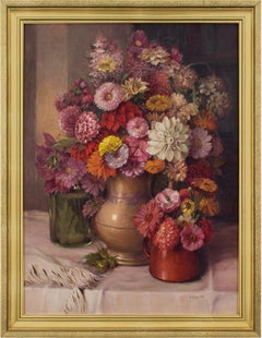 Hermine Rohacs, Still Life With Dahlias & Chrysanthemums, Oil Painting