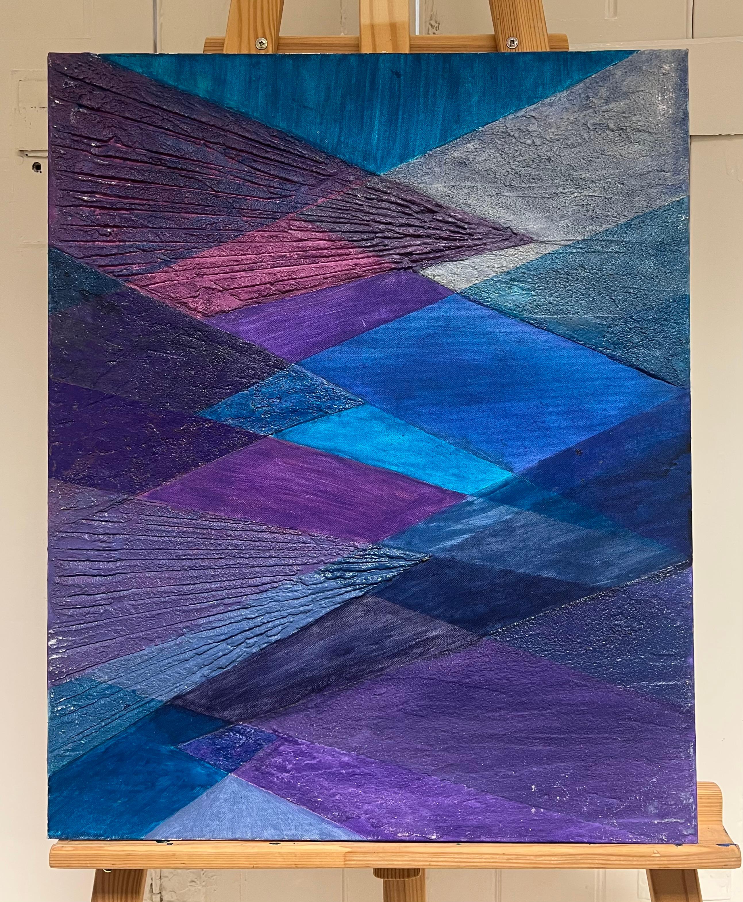 Large Modern French Abstract Oil Painting Converging Geometric Abstraction - Purple Landscape Painting by Hermine Roy