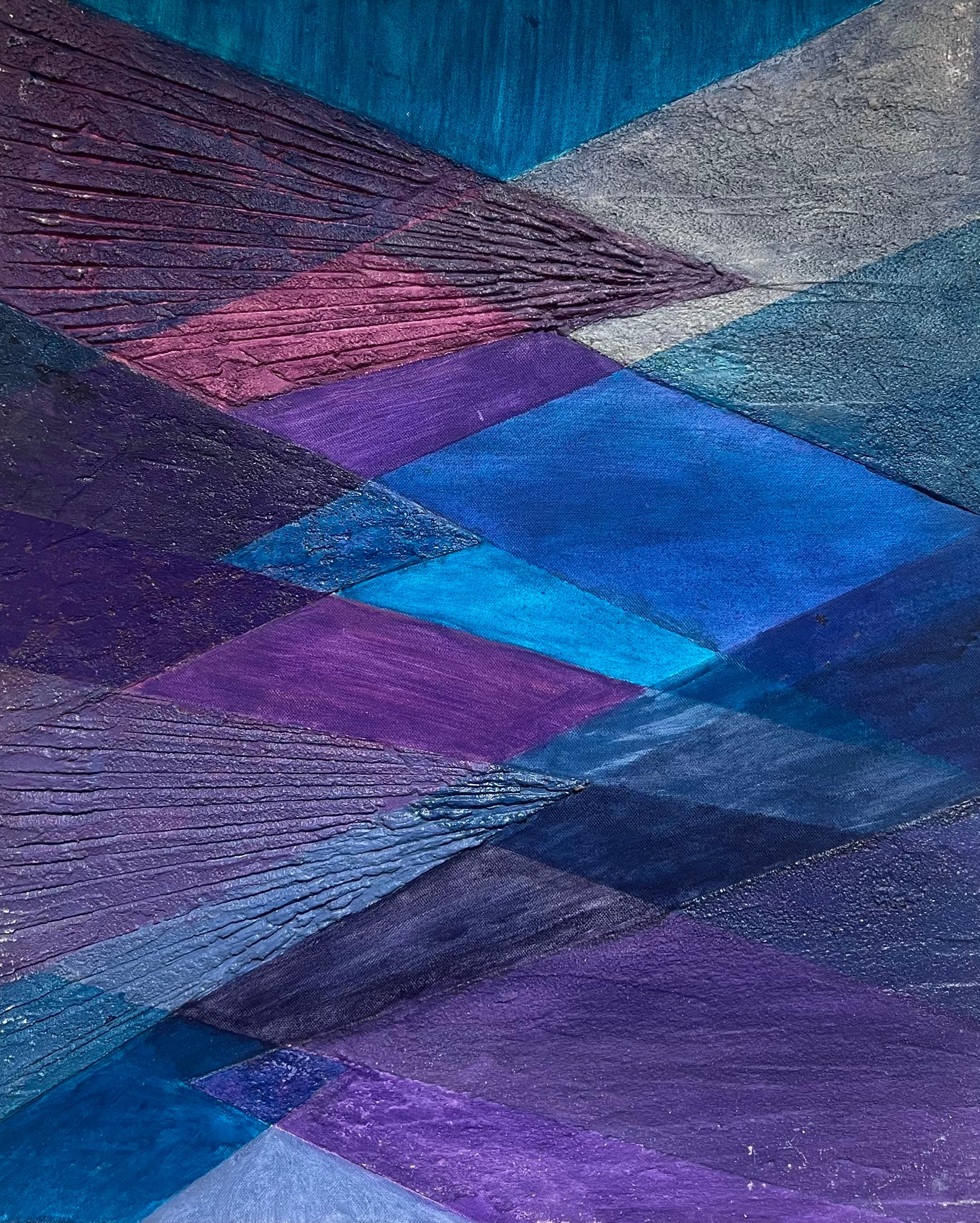 Hermine Roy Landscape Painting - Large Modern French Abstract Oil Painting Converging Geometric Abstraction