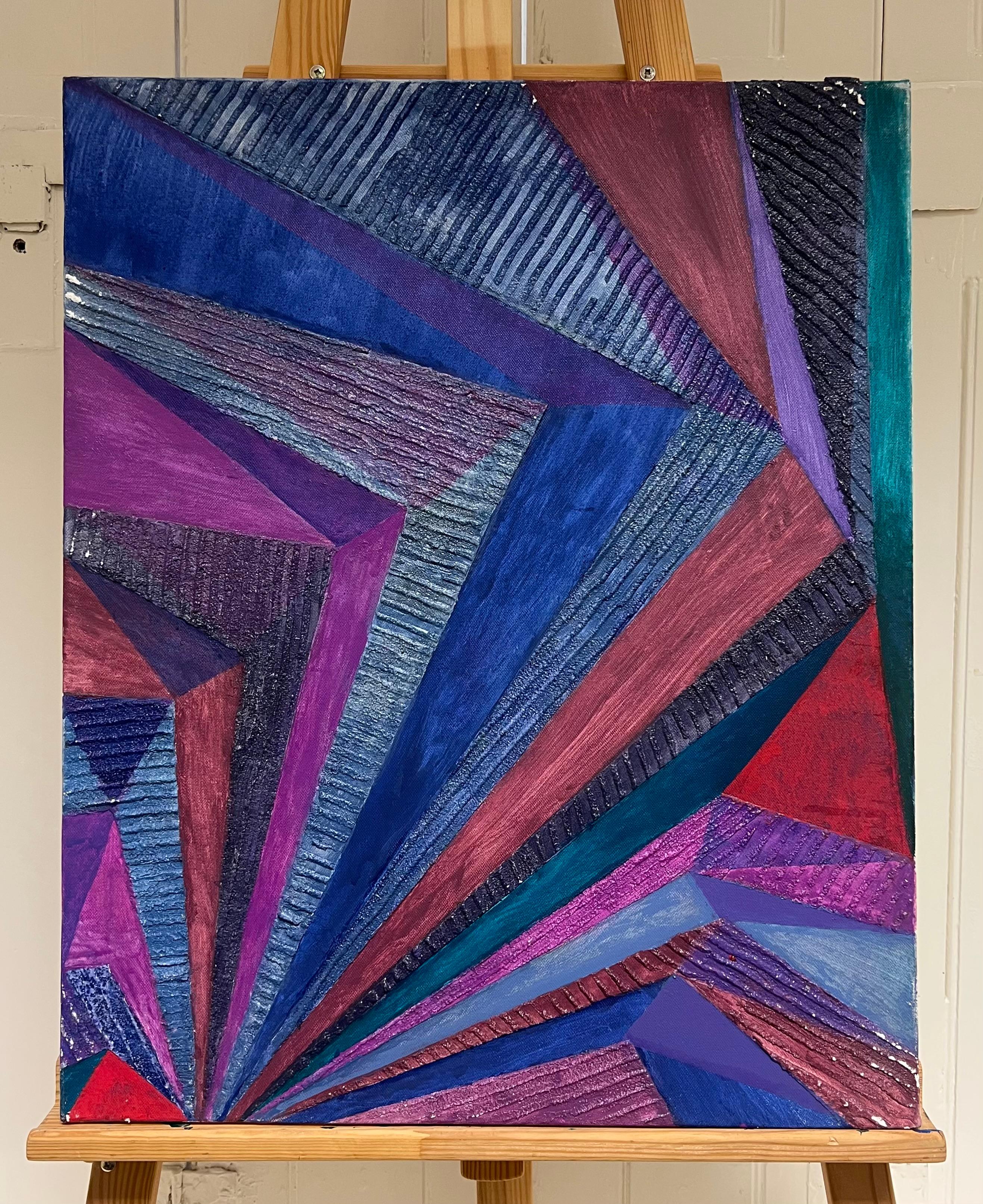 Grande pittura ad olio moderna francese di astrazione geometrica convergente firmata - Painting di Hermine Roy