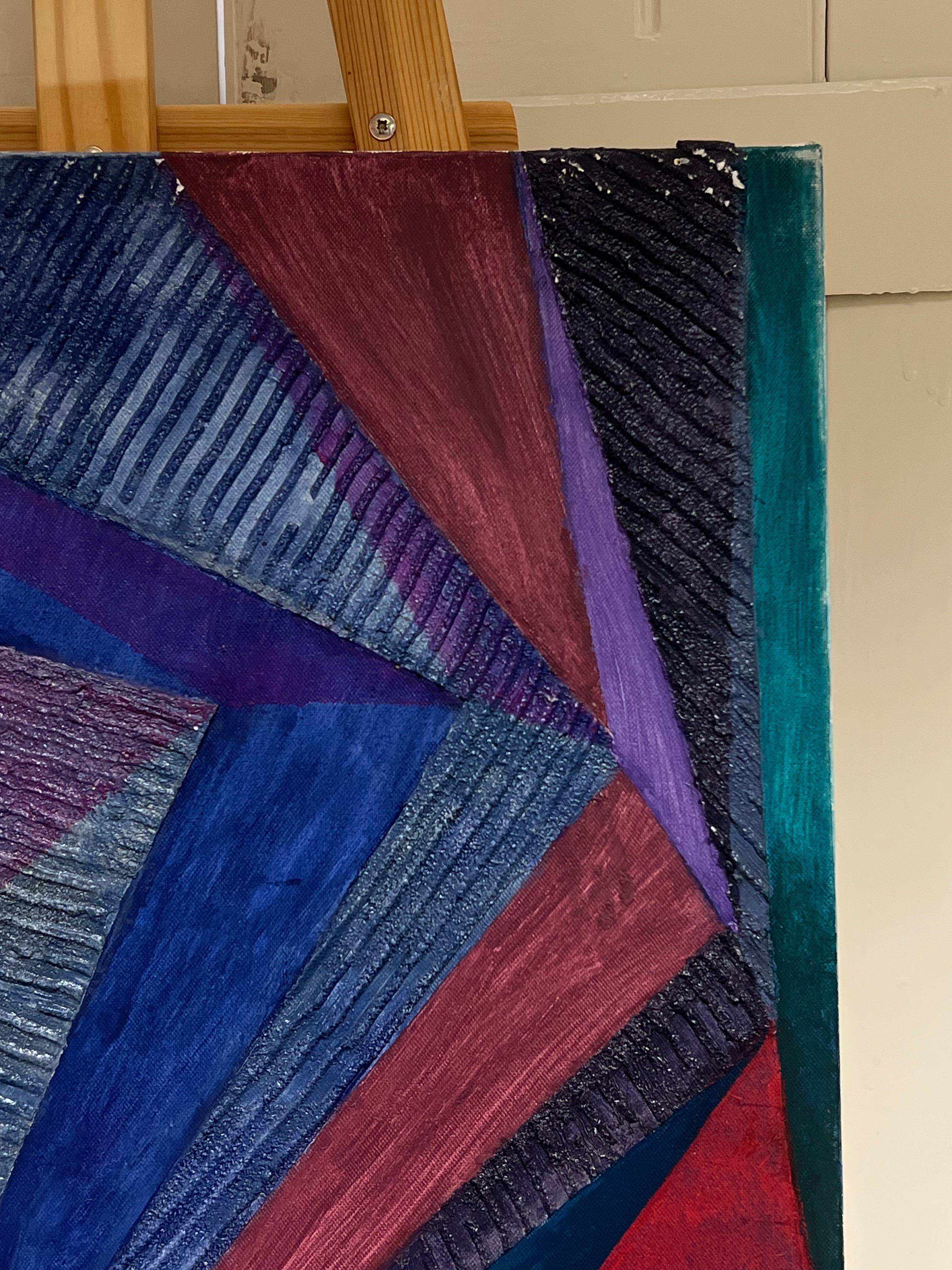 Grande pittura ad olio moderna francese di astrazione geometrica convergente firmata - Painting Astratto di Hermine Roy