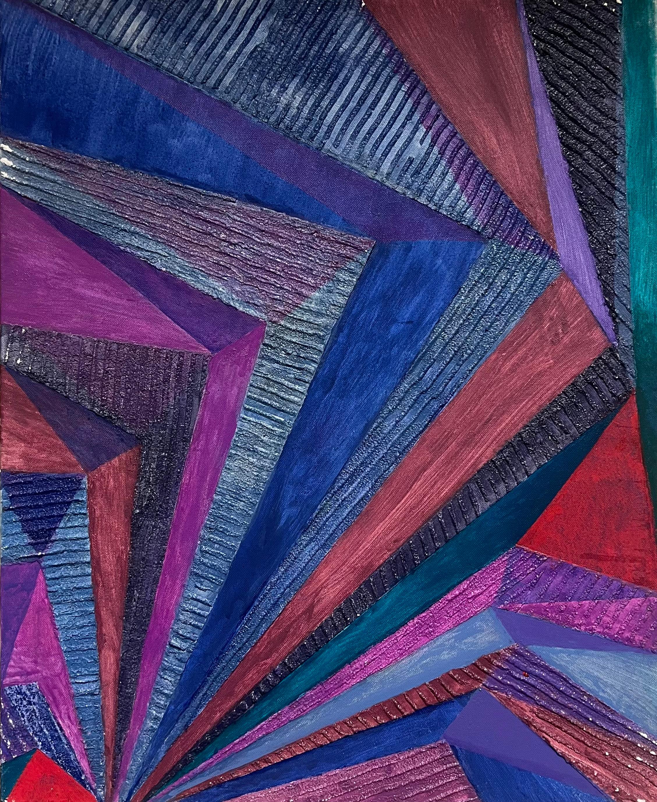 Landscape Painting di Hermine Roy - Grande pittura ad olio moderna francese di astrazione geometrica convergente firmata